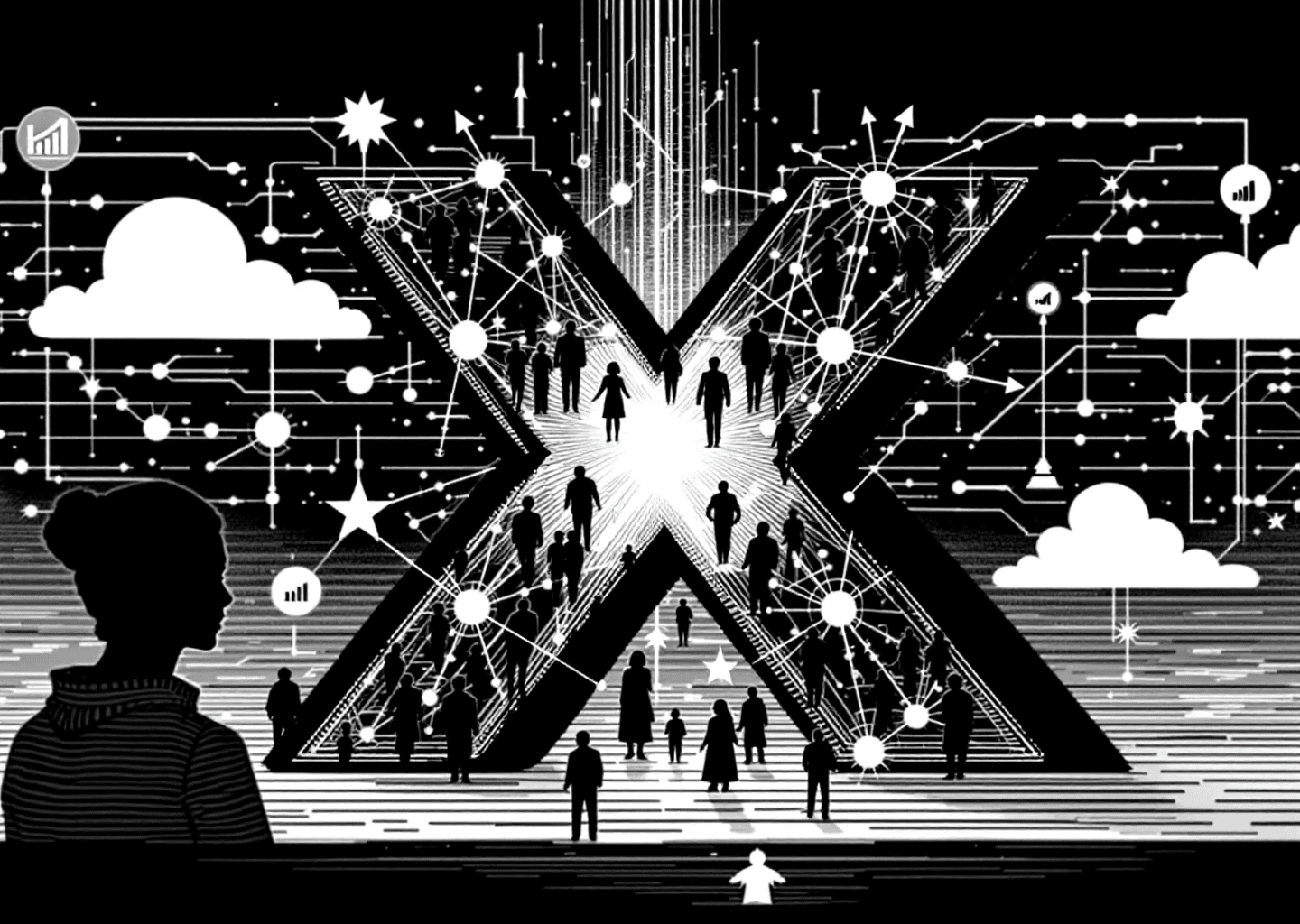 Victorian engraving style illustration. A central, stylized 'X' logo made of interconnected nodes representing a network. Silhouettes of diverse people are embedded within the network. Upward-trending arrows and small chart icons are subtly integrated. The background has a faint, ordered pattern resembling a digital timeline. The overall mood is one of connection, growth, and structured community.
