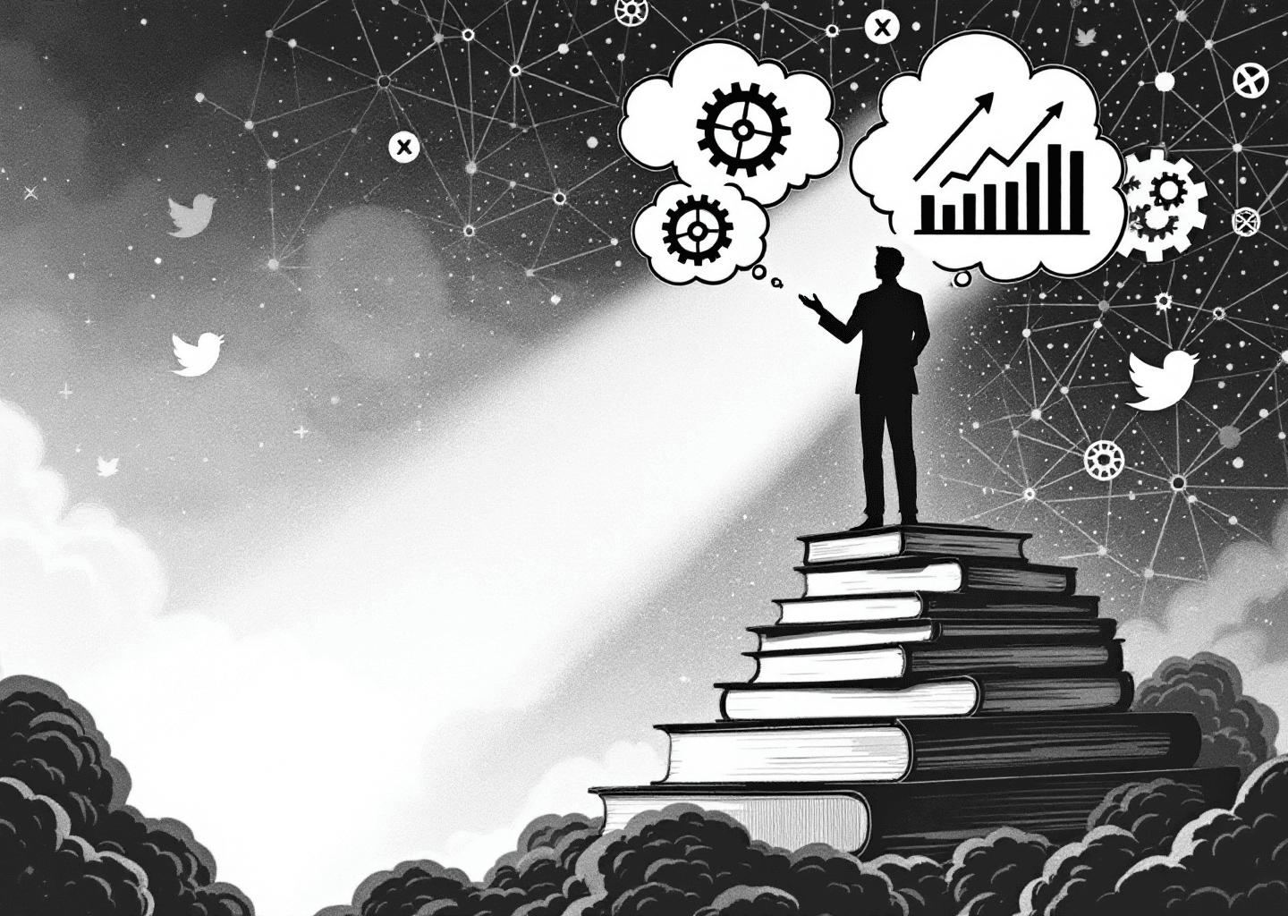 A Victorian engraving style illustration depicting a silhouette figure standing on a podium made of books. The figure is broadcasting thought bubbles containing gears and upward-trending charts. In the background, a subtle pattern of neural networks and X/Twitter bird logos. The overall composition should feel intellectual, authoritative, and hint at digital growth.