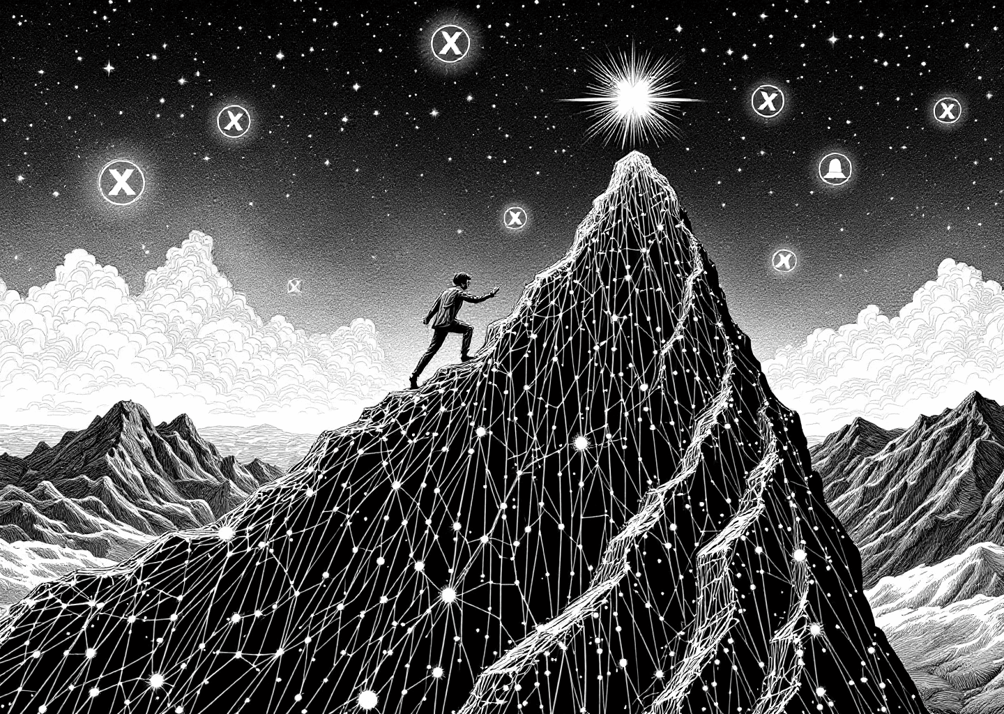 Victorian engraving style illustration of a figure climbing a steep upward-trending chart. The chart's lines are composed of digital, glowing neural network patterns. In the background, subtle X logos and notification bell icons are etched into the sky like constellations. The style is intricate, black and white, with a sense of intellectual discovery and progress.