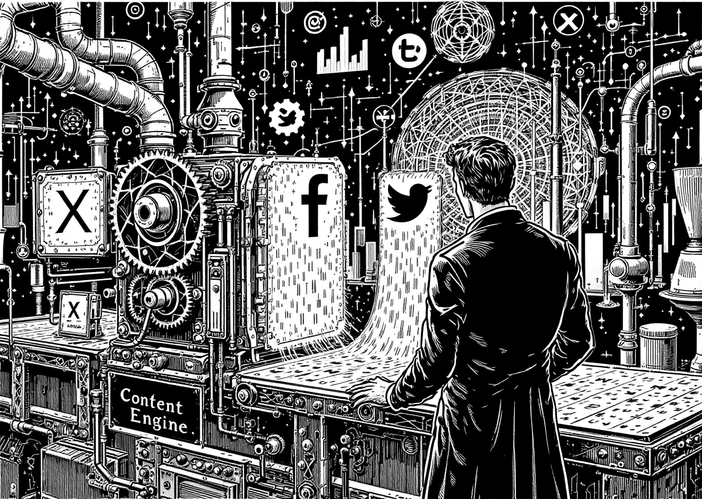 A Victorian engraving style illustration. A figure stands before a complex machine with gears and pipes, labeled 'Content Engine'. The machine outputs glowing X/Twitter logos onto a conveyor belt. In the background, upward-trending charts and faint neural network patterns are visible. The style is intricate, black and white, with detailed line work.