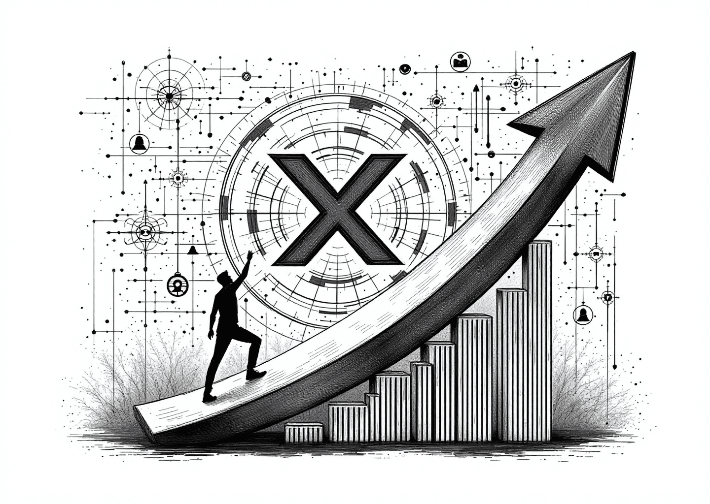 Victorian engraving style illustration. A central, prominent X logo. From the logo, upward-trending arrows and charts emerge. A silhouette figure is seen climbing one of the arrows. In the background, faint neural patterns and notification bell icons are subtly integrated. The overall feel is one of growth, strategy, and digital influence.