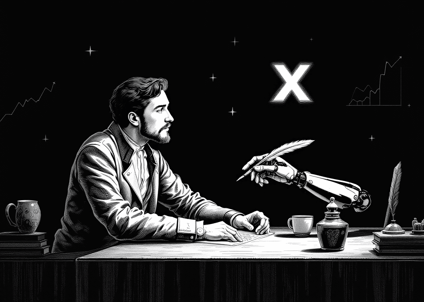 Victorian engraving style illustration of a figure at a writer's desk, contemplating a glowing 'X' logo. A robotic hand offers a quill pen. In the background, subtle upward-trending charts and notification bell icons are etched into the scene, symbolizing growth and engagement on the platform.