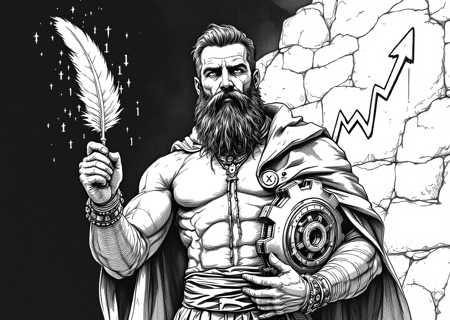 Victorian engraving style illustration. A stoic, muscular man with a beard, resembling a philosopher-king, stands confidently. In one hand, he holds a glowing quill pen that drips data points (0s and 1s). In the other, he holds a gear. Behind him, an upward-trending stock chart is etched into a stone wall, with a subtle X/Twitter logo integrated into the pattern. The style is detailed, black and white, with sharp lines and cross-hatching.