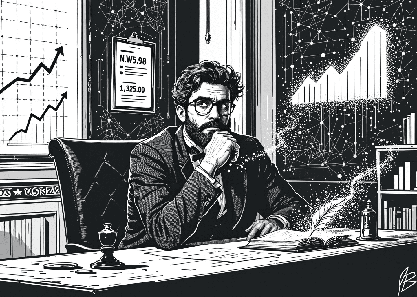 A Victorian engraving illustration of a thoughtful philosopher, resembling a modern thinker like Naval Ravikant, sitting at a desk. On the desk are a quill and inkwell, but also a glowing, holographic X/Twitter feed. In the background, charts show upward growth, and faint neural network patterns are etched into the walls, symbolizing AI-assisted thought. The style is detailed, black and white, with high contrast.