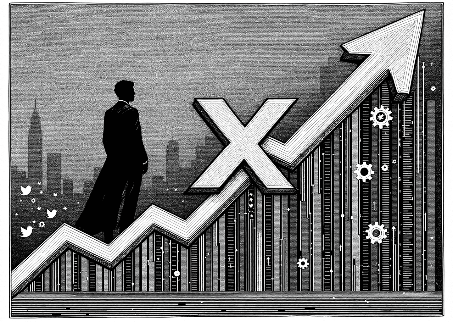 A Victorian engraving style illustration. A prominent upward arrow is intertwined with a stylized 'X' logo. In the background, a silhouette figure stands atop a growth chart made of tweet timelines. Faint neural patterns and gear icons are subtly integrated into the scene, symbolizing AI and tools.