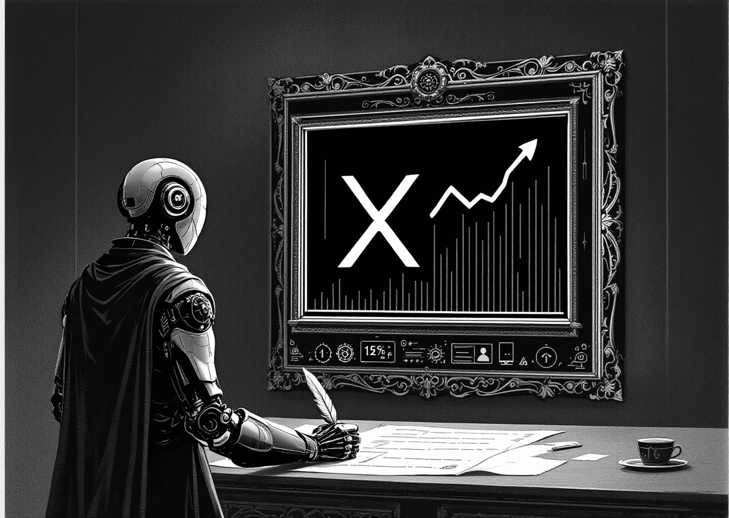 Victorian engraving style illustration. A figure stands before a large, ornate frame displaying a glowing X logo and an upward trending chart. In the foreground, a robotic hand is writing on a scroll with a quill. Intricate details of gears, neural patterns, and notification icons are subtly integrated into the border of the frame. Black and white, high contrast.