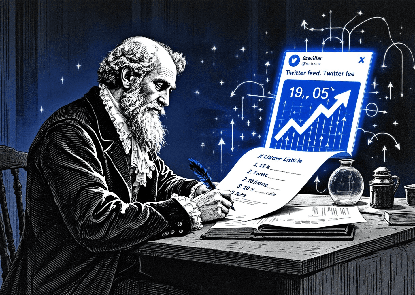 A Victorian engraving of a scholar at a desk, writing with a quill. The paper transforms into a glowing X/Twitter feed interface displaying a numbered listicle tweet. Upward-trending arrows and subtle neural network patterns decorate the background. The style is classic, detailed, and monochrome with a single blue accent color for the digital elements.