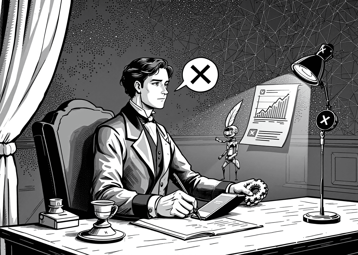 Victorian engraving style illustration of a figure at a writer's desk. On the desk are a quill, inkwell, and a modern smartphone displaying the X/Twitter timeline. A small, elegant robot assistant hands the figure a gear, symbolizing tools. In the background, a subtle graph shows an upward trend, and faint neural network patterns are etched into the wallpaper. The X logo is subtly integrated into the design of a desk lamp.