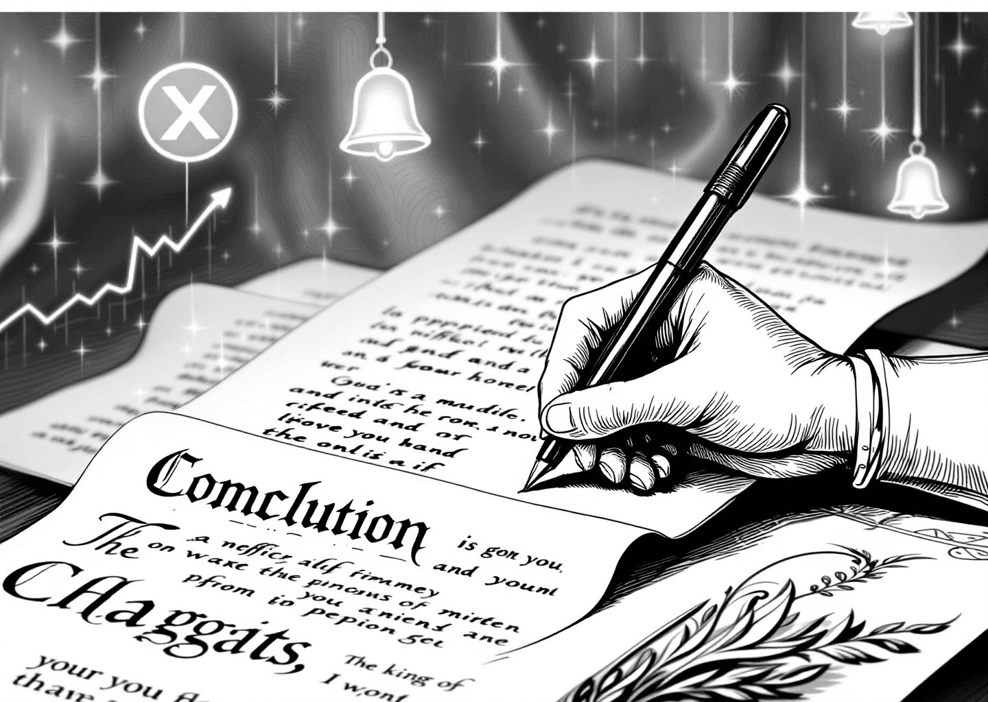 Victorian engraving style illustration of a writer's hand putting the final flourish on a long scroll. In the background, subtle digital elements like an X logo, glowing notification bells, and an upward trending chart are woven into the ornate patterns. The scene captures the finality and impact of a well-crafted conclusion in the digital age.