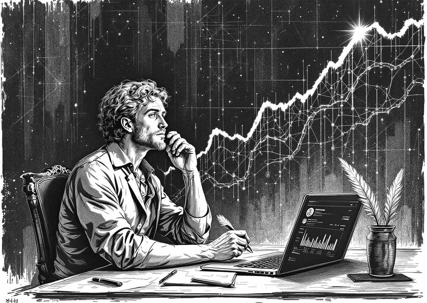 Victorian engraving style illustration. A thoughtful figure sits at a desk, a quill in hand that morphs into a glowing digital cursor above a modern laptop displaying an X/Twitter timeline. In the background, an upward-trending financial chart is subtly etched onto the wall, intertwined with faint neural network patterns. The overall mood is one of intellectual craftsmanship meeting modern technology and financial growth.