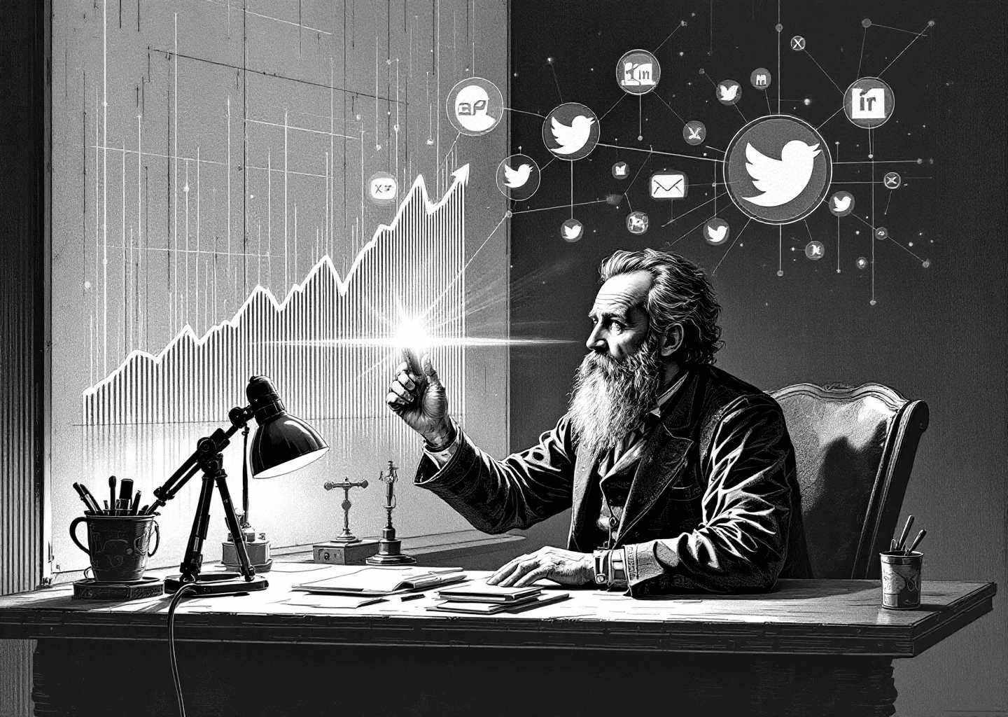 A Victorian engraving style illustration of an inventor at their desk. Instead of tools, they are manipulating holographic X/Twitter UI elements (like, retweet, and reply icons) that float in the air. An upward-trending graph is etched into the wall behind them, and a faint, glowing neural network pattern overlays the entire scene, suggesting AI-powered creation.