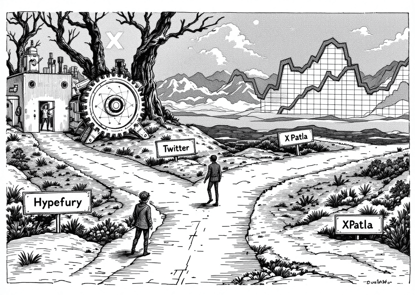 A Victorian engraving style illustration depicting a figure at a crossroads. One path leads to a simple, gear-driven machine labeled 'Hypefury'. The other path leads to a sophisticated, brain-like neural network device labeled 'XPatla'. In the background, X/Twitter icons and upward-trending charts are subtly integrated into the scenery.
