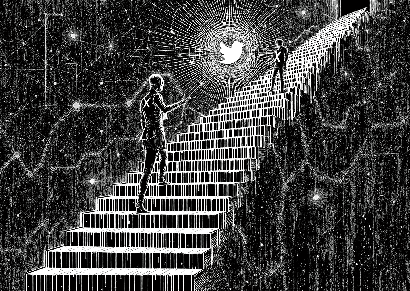 Victorian engraving style illustration of a figure ascending a staircase made of data streams. At the top, a glowing X/Twitter logo. The figure is interacting with a subtle robotic assistant. In the background, neural network patterns and upward-trending charts. Monochromatic with a single accent color.