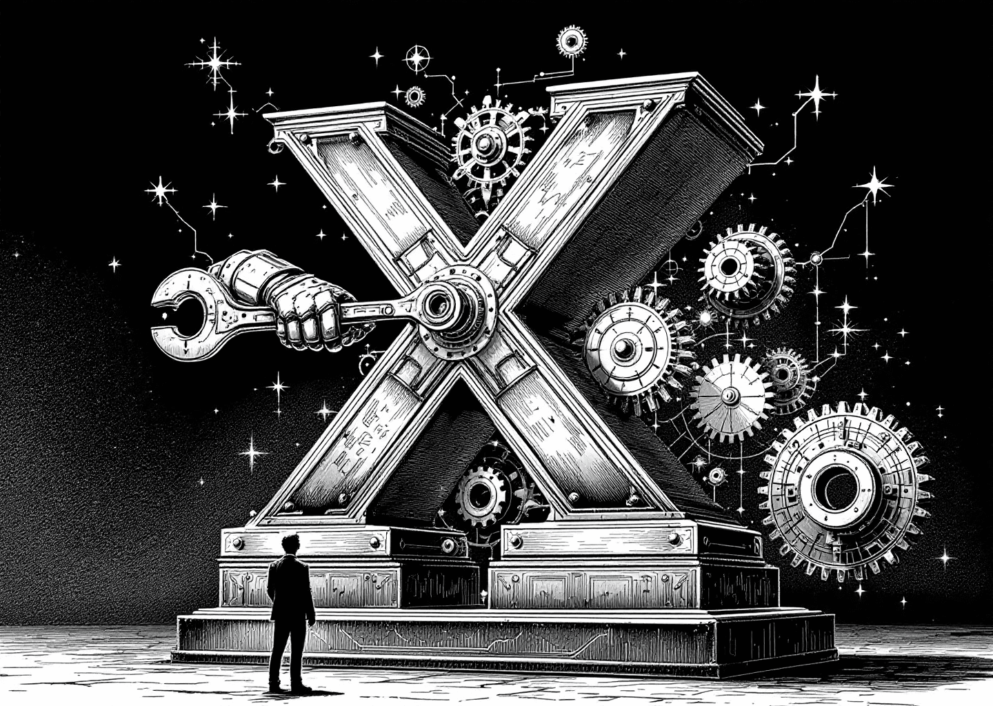 A Victorian engraving style illustration. A prominent 'X' logo made of intricate clockwork gears. A robotic hand is turning a wrench on one of the gears. In the background, an upward-trending stock chart is etched onto a brass plate, and faint neural network patterns glow softly. A silhouette figure stands at the base, looking up at the mechanism.