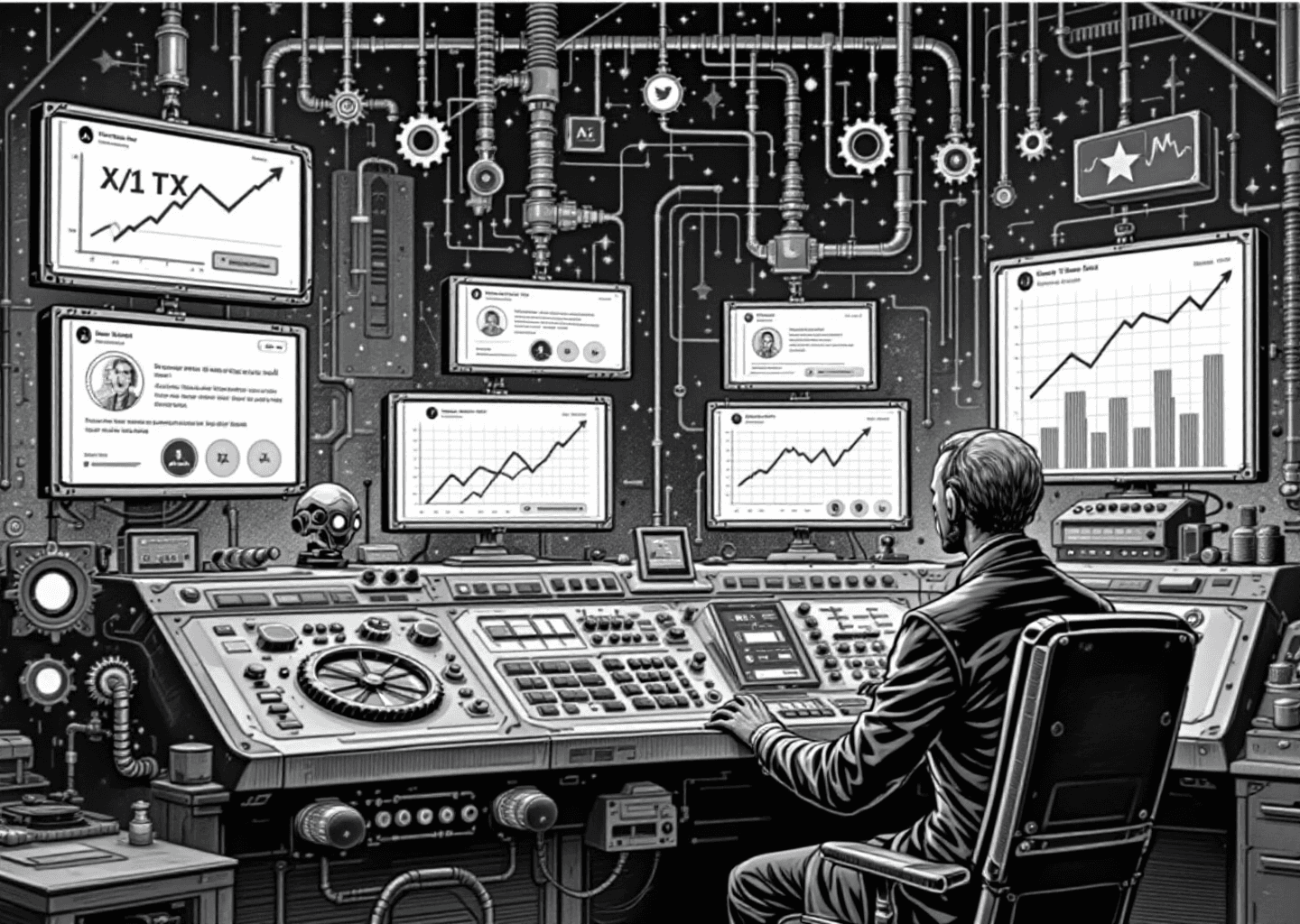 Victorian engraving style illustration of a figure at a grand control panel with multiple screens, each showing a different X/Twitter feed. Gears, pipes, and neural network patterns connect the screens. Upward-trending charts are visible in the background. The figure confidently operates the controls, symbolizing AI-assisted management of multiple accounts.