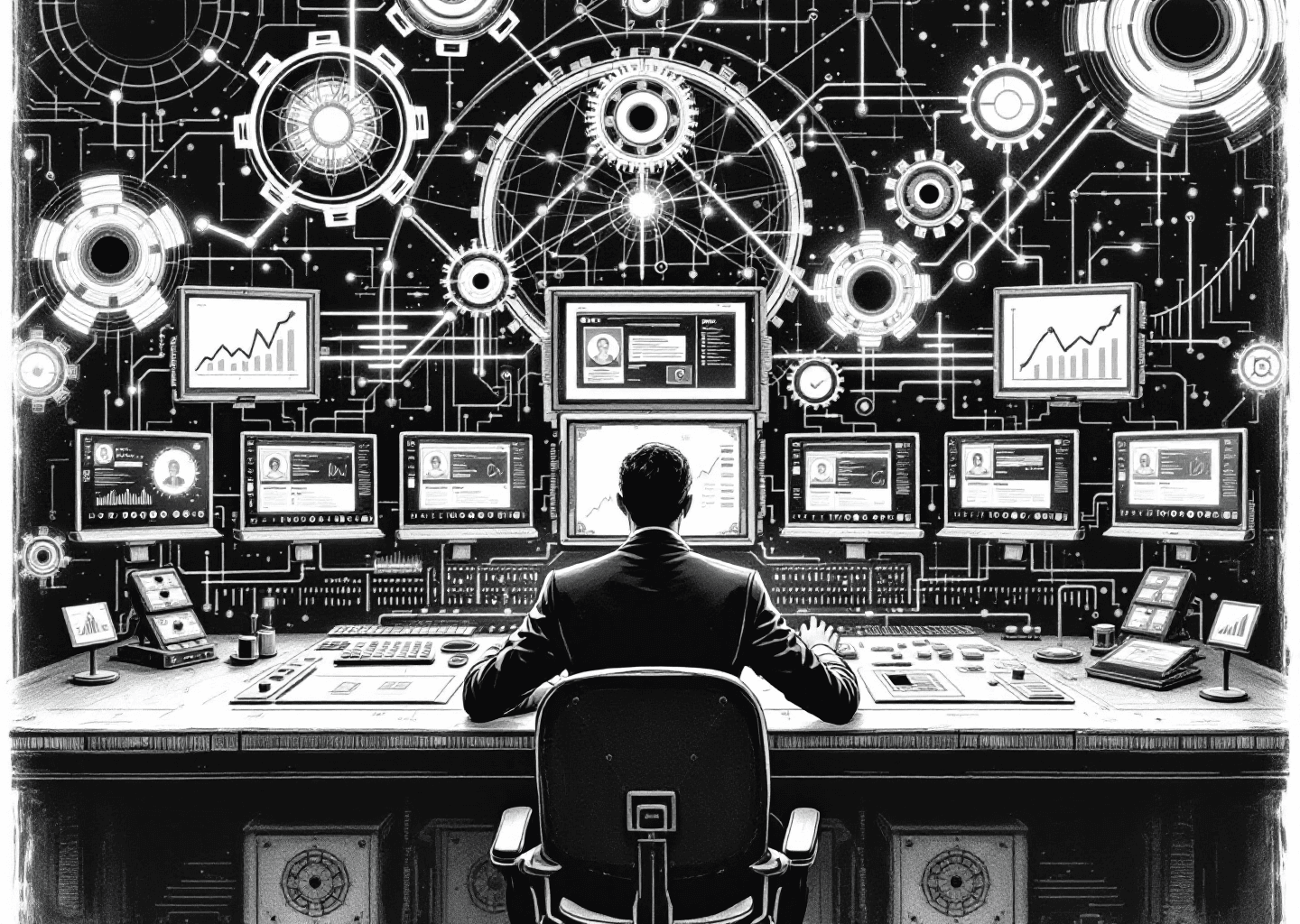 A Victorian engraving style illustration. A central figure, representing a creator, sits at a complex control panel with multiple screens. Each screen shows a different X/Twitter profile timeline. From the control panel, glowing neural network patterns extend to the screens, symbolizing AI management. Gears and upward-trending charts are integrated into the background, signifying growth and automation.