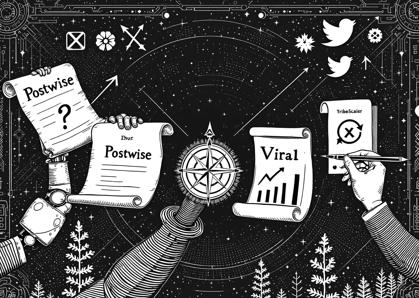 A Victorian engraving style illustration depicting a choice between two paths. On one side, a robotic hand (Postwise) writes on a scroll. On the other, a human hand holds a compass pointing to a viral chart (TribeScaler). In the background, subtle neural network patterns and X/Twitter bird logos are etched into the scene, with upward-trending arrows.