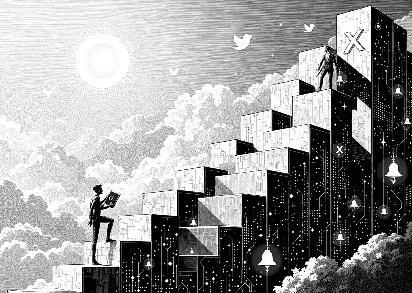 Victorian engraving style illustration of a figure climbing a steep upward-trending chart composed of glowing digital blocks. In the background, subtle X/Twitter bird logos and notification bell icons are etched into the sky. The figure is aided by a small, elegant automaton, symbolizing AI assistance in their growth journey. Clean, intricate linework with a black and white aesthetic.