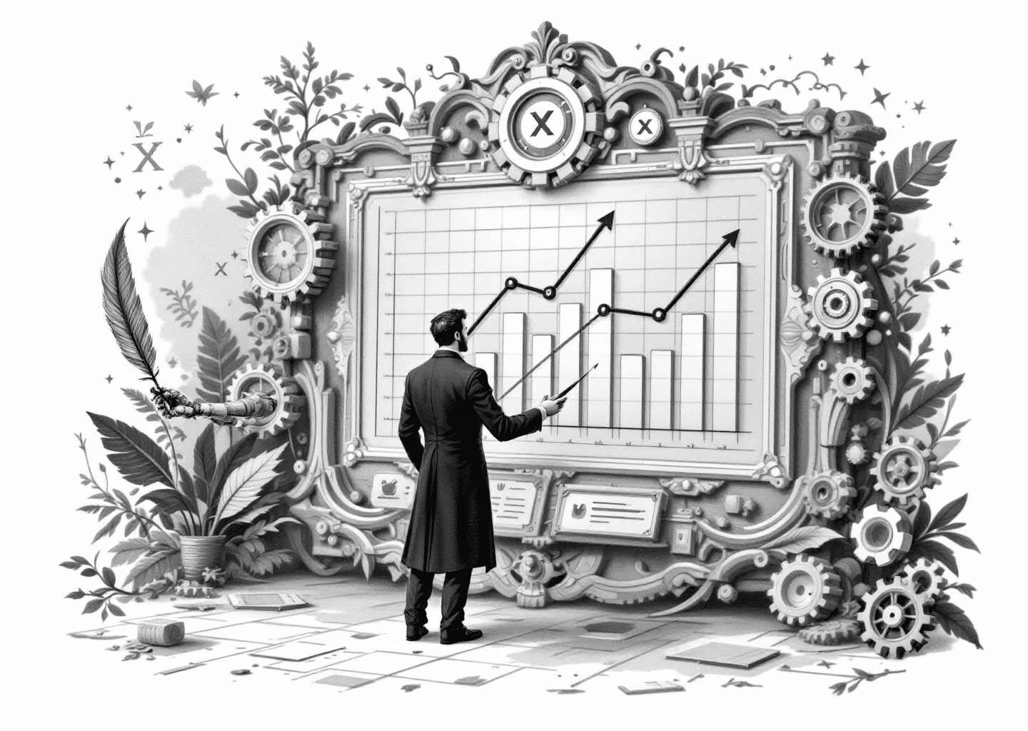 A Victorian engraving style illustration. A central figure stands before a large, ornate dashboard with charts showing upward growth. To the left, a robotic hand (AI) offers a quill pen. To the right, gears and cogs interlock. In the background, subtle elements of the X/Twitter logo and notification icons are woven into the filigree.
