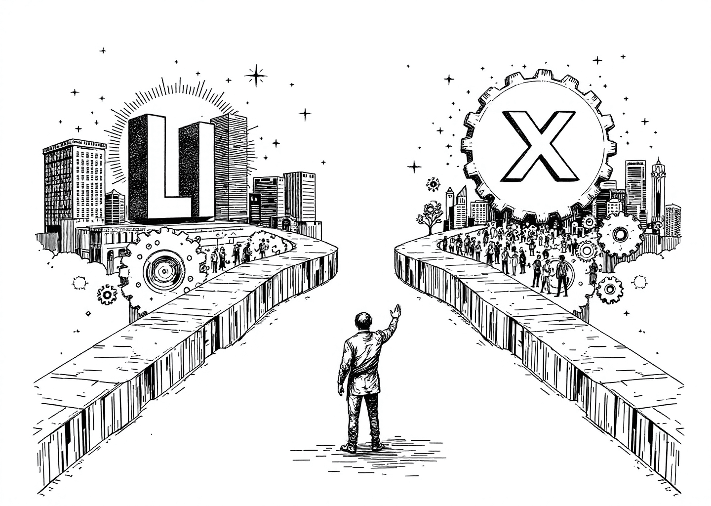 Victorian engraving style illustration of a figure choosing between two paths. One path leads to a large 'LI' logo with corporate buildings, the other to an 'X' logo with a vibrant, creative community. Gears, charts, and subtle neural network patterns are in the background, representing tools and AI. The overall tone is one of strategic decision-making.