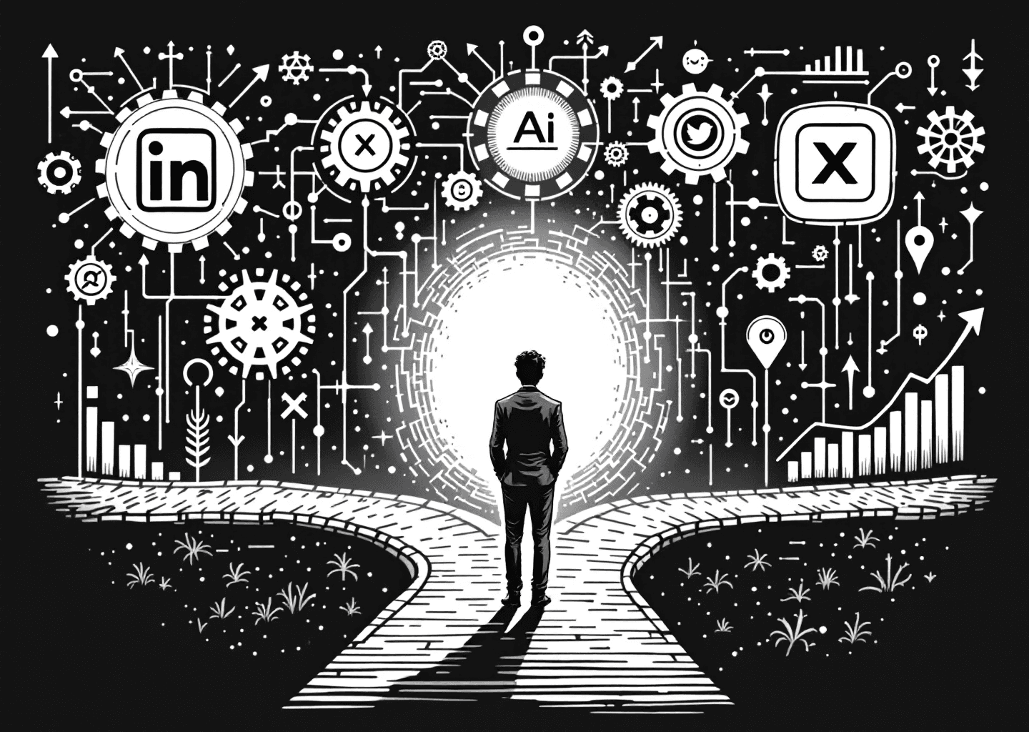 A Victorian engraving style illustration. A central figure, a solopreneur, stands at a crossroads. One path leads to a stylized LinkedIn logo, the other to an X/Twitter logo. In the background, an intricate network of gears and neural patterns represents AI. Subtle upward-trending charts and growth arrows frame the scene. The style is detailed, monochrome, with clean lines.