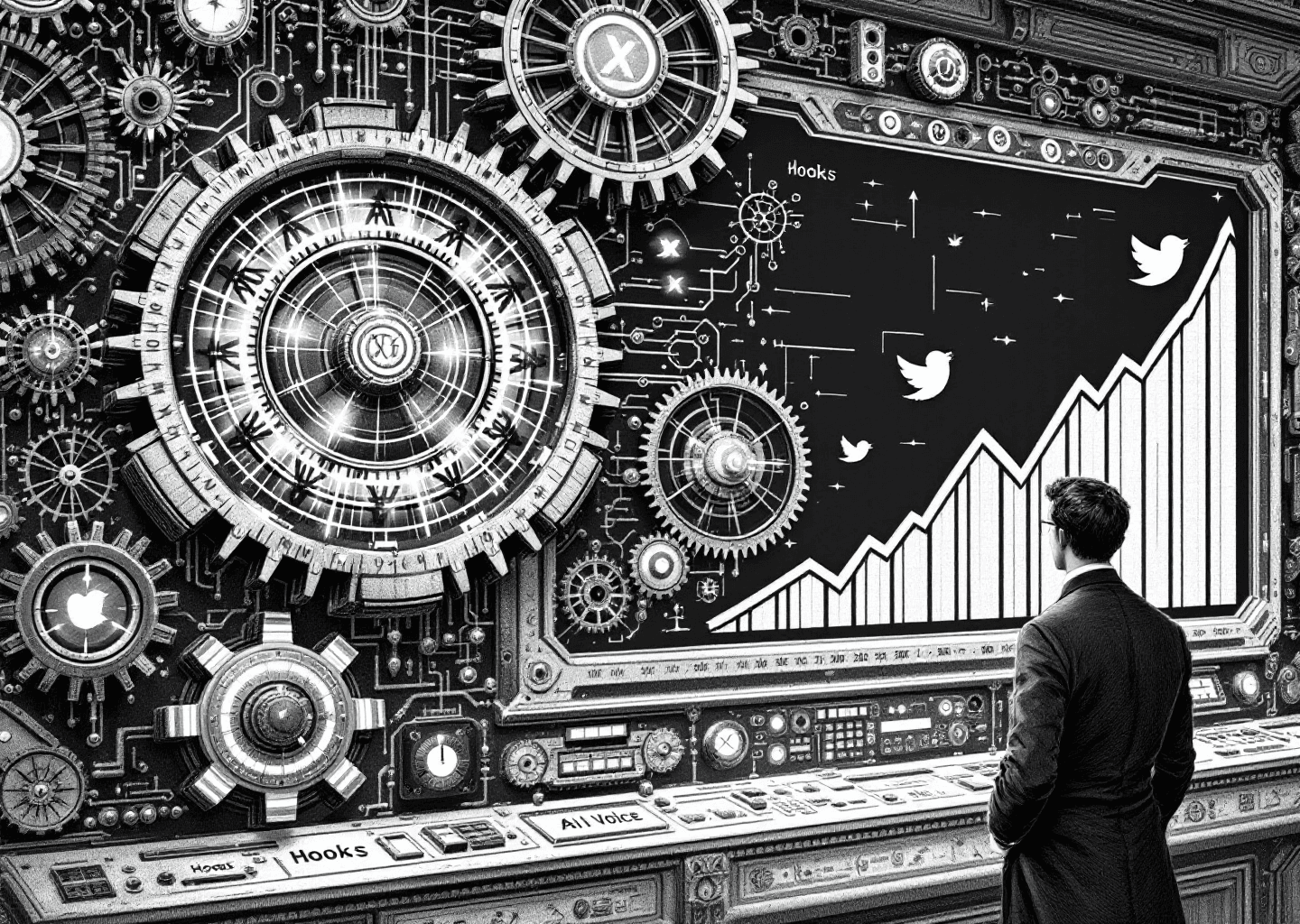 A detailed Victorian engraving illustration. A central figure, representing a solopreneur, stands before a large, ornate dashboard. On the dashboard, gears and cogs interlock with glowing neural network patterns. One gear is labeled 'Hooks' (small), while a much larger, central gear is labeled 'AI Voice'. In the background, an upward-trending chart is etched onto a wall, with small X/Twitter bird icons flying alongside the rising line. The style is intricate, black and white, with a sense of intellectual discovery and mechanical precision.