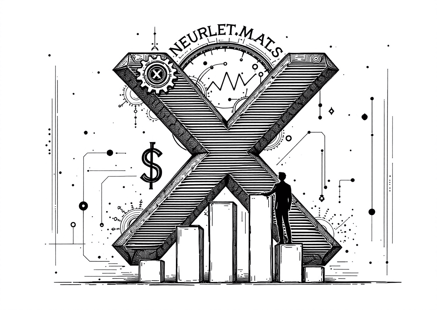Victorian engraving style illustration. A prominent 'X' logo is at the center, with gears and cogs turning around it. A silhouette figure is climbing a steep upward-trending bar chart. In the background, subtle neural network patterns and a price tag symbol ($) are etched. Clean, detailed linework on an off-white background.