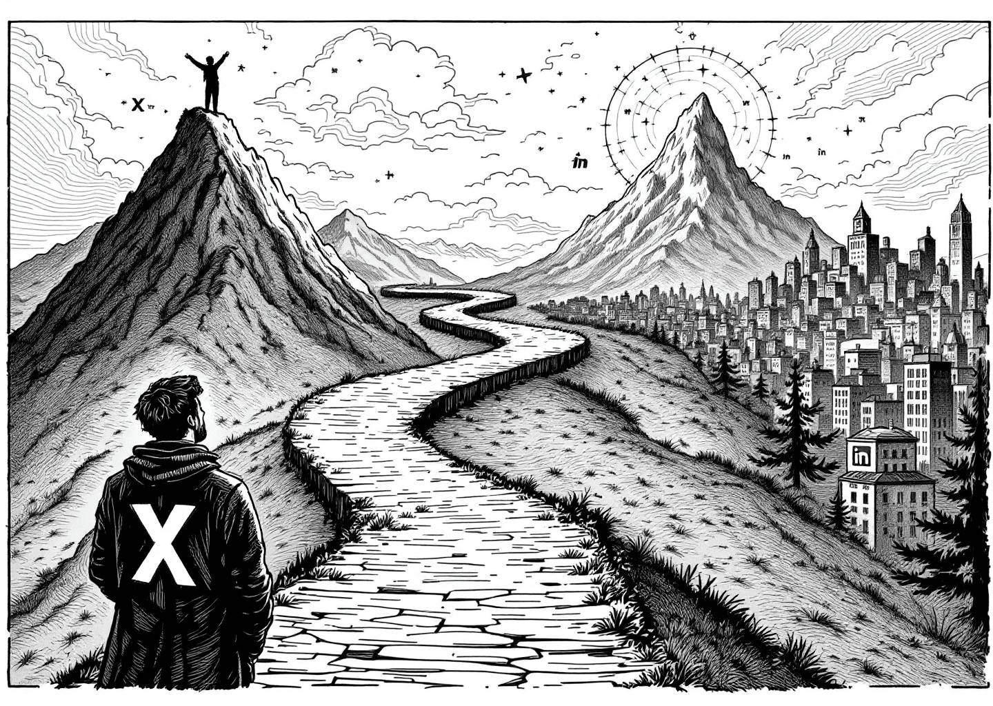 Victorian engraving style illustration of two distinct paths diverging. One path is marked with an 'X' logo and upward growth charts, leading to a stylized mountain peak. The other path is marked with a LinkedIn 'in' logo and shows figures collaborating, leading to a bustling city. In the foreground, a thoughtful figure contemplates which path to take, with subtle AI neural patterns in the sky.