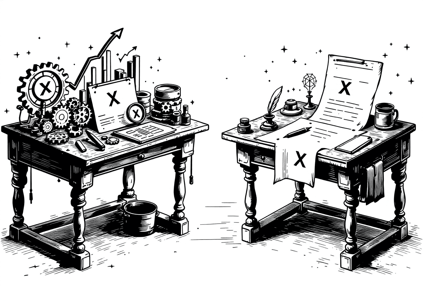 Victorian engraving style illustration of two distinct workbenches. One bench is cluttered with gears, upward-trending charts, and a magnifying glass over an X logo (representing TweetHunter's analytics). The other bench is minimalist, with only a quill, inkwell, and a clean sheet of paper with an X logo (representing Typefully's writing focus). In the background, a subtle neural network pattern glows, symbolizing the underlying AI.