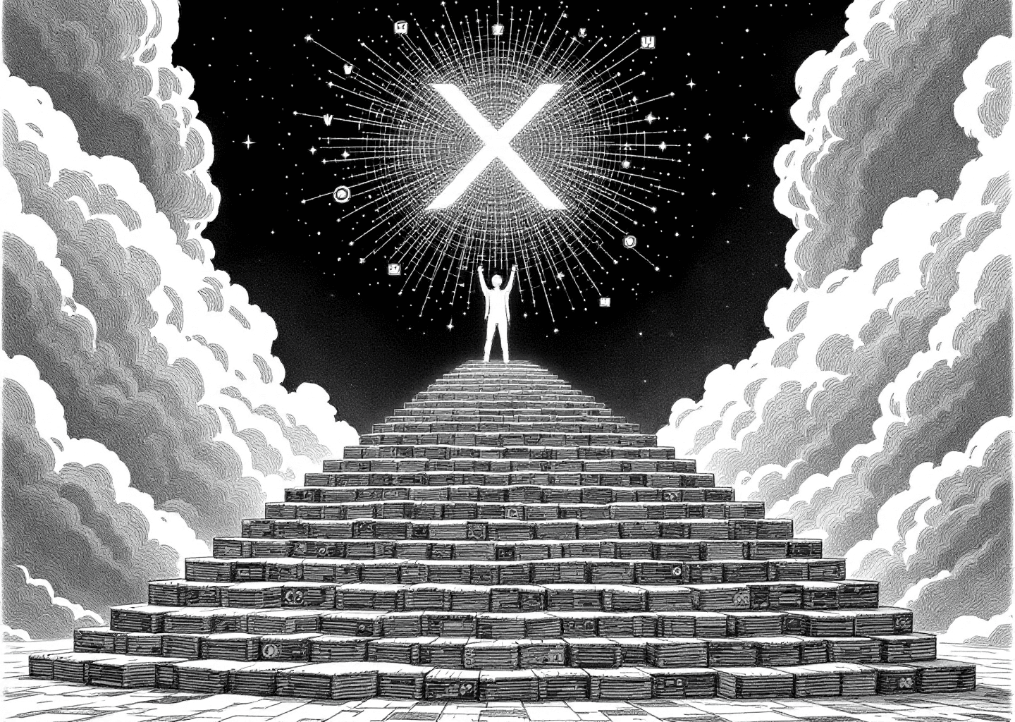 A Victorian engraving style illustration depicting a figure ascending a staircase made of X/Twitter timelines. At the top, a glowing neural network pattern merges with an X logo. Gears and digital dashboards are subtly integrated into the background, symbolizing growth tools and AI. The style is detailed, monochromatic with high contrast.