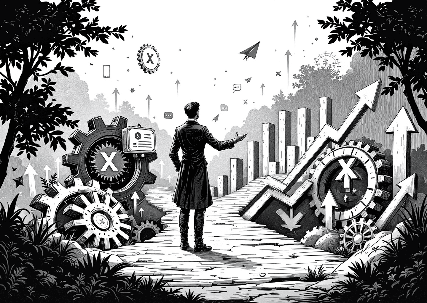 A Victorian engraving style illustration. A central figure stands at a crossroads, one path leading to a growing chart with an X logo, the other to a digital network of people. Gears and wrenches symbolize tools, while upward arrows and notification icons float subtly in the background, representing growth and engagement for affiliate marketing.