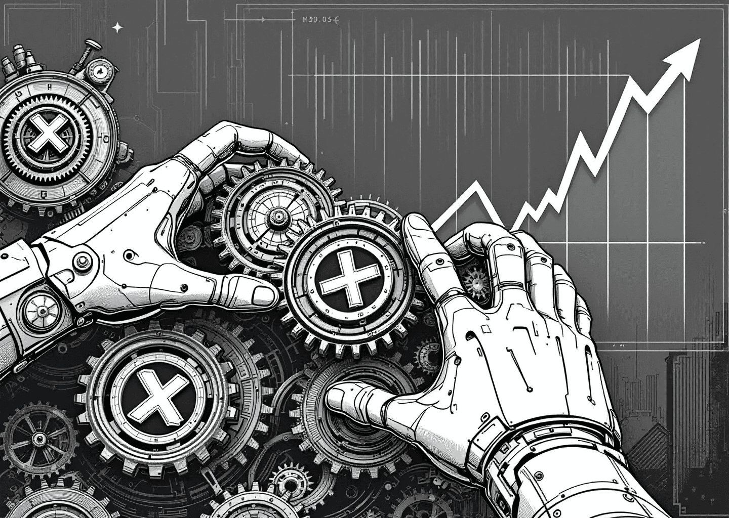 A Victorian engraving style illustration depicting a robotic hand adjusting intricate clockwork gears that feature the X logo. In the background, a stock market-style chart shows a line graph trending sharply upwards, symbolizing growth. The overall aesthetic is detailed, technical, and sophisticated.