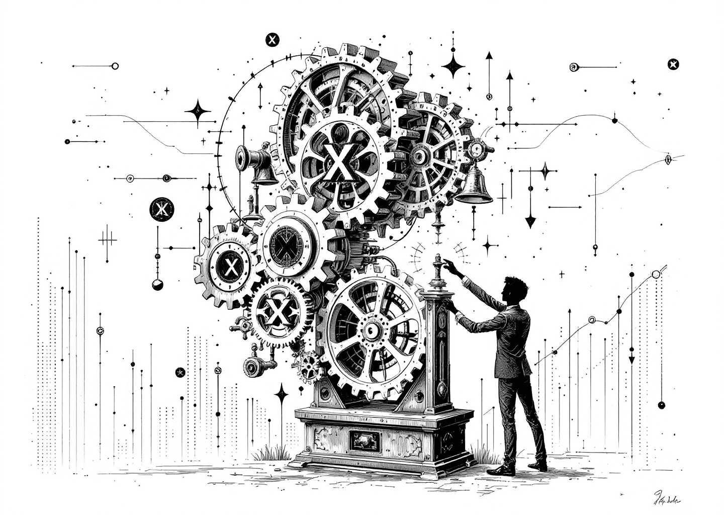 A Victorian engraving style illustration depicting a complex clockwork mechanism with gears shaped like the X logo and notification bells. A silhouette figure is carefully adjusting a lever, causing upward-trending charts and neural network patterns to glow faintly in the background, symbolizing mastery over the social media algorithm.