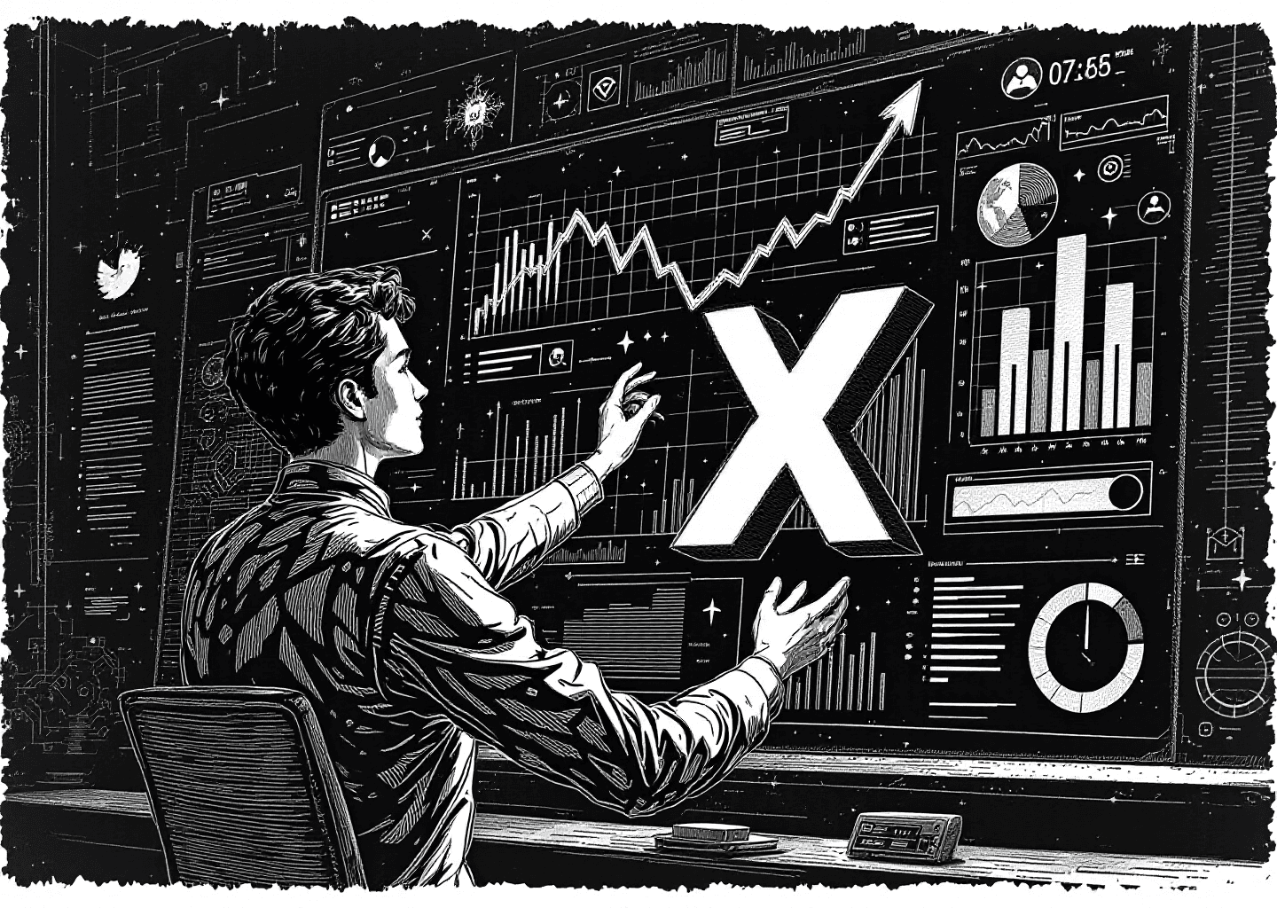 A Victorian engraving style illustration of a figure analyzing a large, glowing X logo on a complex dashboard. The dashboard features upward-trending charts and graphs. In the background, subtle elements of neural networks and notification icons are visible, representing AI and social media. The overall tone is one of intellectual discovery and strategic growth.