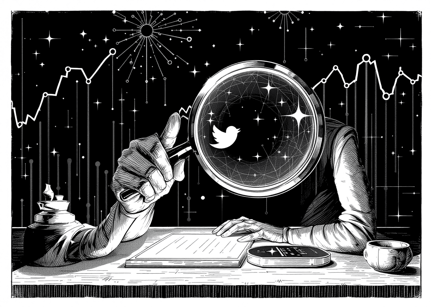 Victorian engraving style illustration of a figure analyzing a glowing X/Twitter feed with a large magnifying glass. In the background, upward-trending charts and subtle neural network patterns are etched into the scene, representing growth and AI. The style is intricate, detailed, and monochrome.