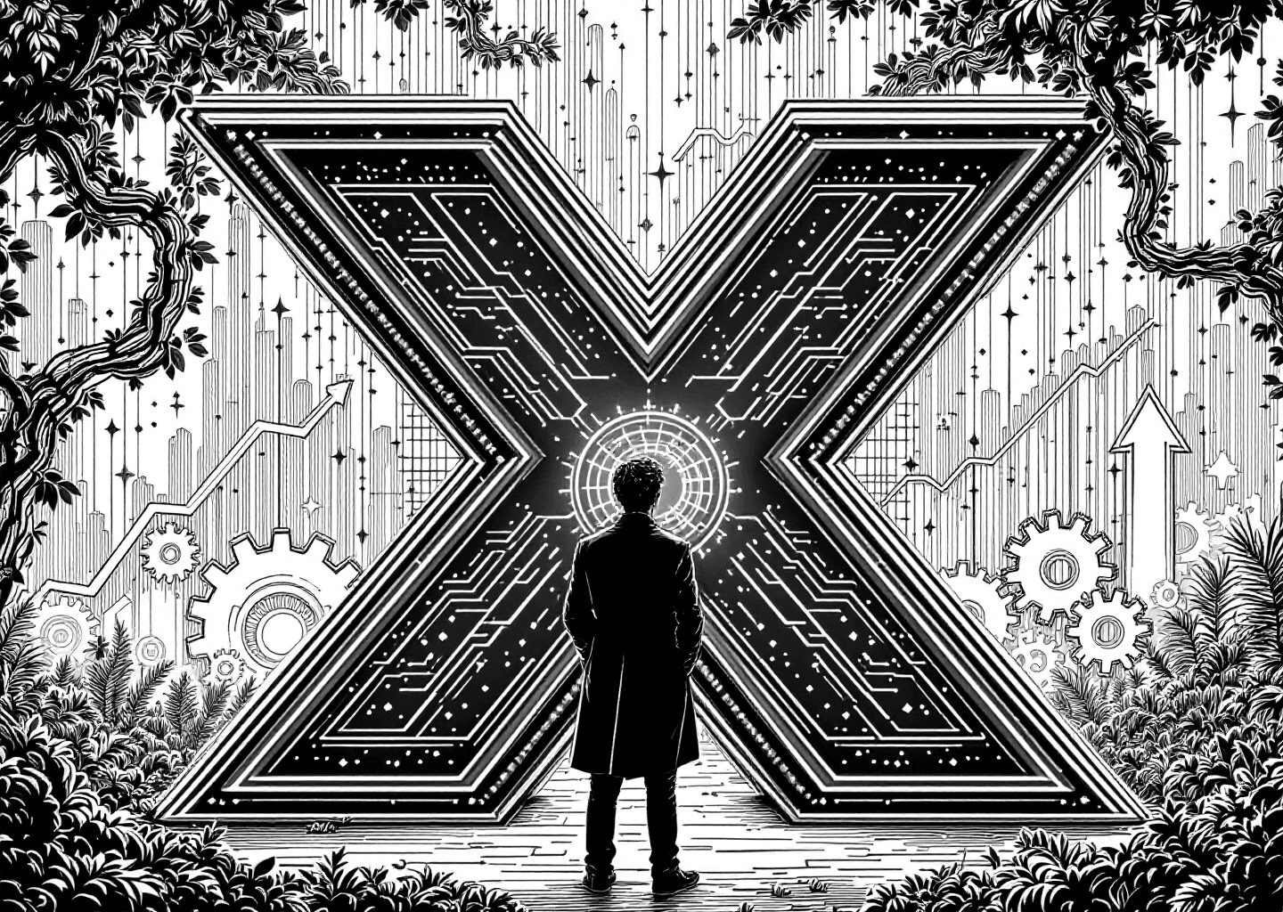 Victorian engraving style illustration. A central figure, a thoughtful creator, stands before a large, ornate 'X' logo. From the 'X', digital timelines and neural network patterns flow outwards. In the background, subtle upward-trending charts and gear icons are etched into the scene, symbolizing growth and tools. The overall tone is intellectual and sophisticated, blending classic art with modern tech iconography.