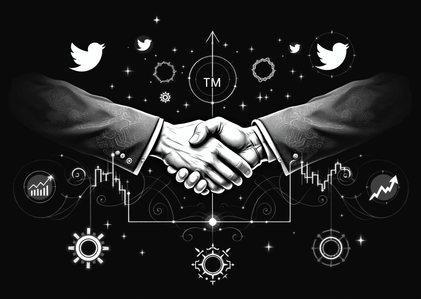 Victorian engraving style illustration. A central figure shakes hands with another across a stylized X/Twitter timeline. In the background, subtle elements like upward-trending charts, glowing neural patterns, and small gear icons are integrated into the ornate filigree. The scene conveys partnership, growth, and digital strategy.