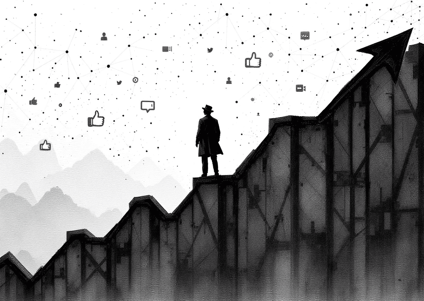 A Victorian engraving style illustration depicting a central figure standing on a rising chart. The chart is composed of X/Twitter timeline elements. In the background, faint neural network patterns and notification icons (like, reply, repost) float in the air. The overall mood is one of industrious growth and digital community building.