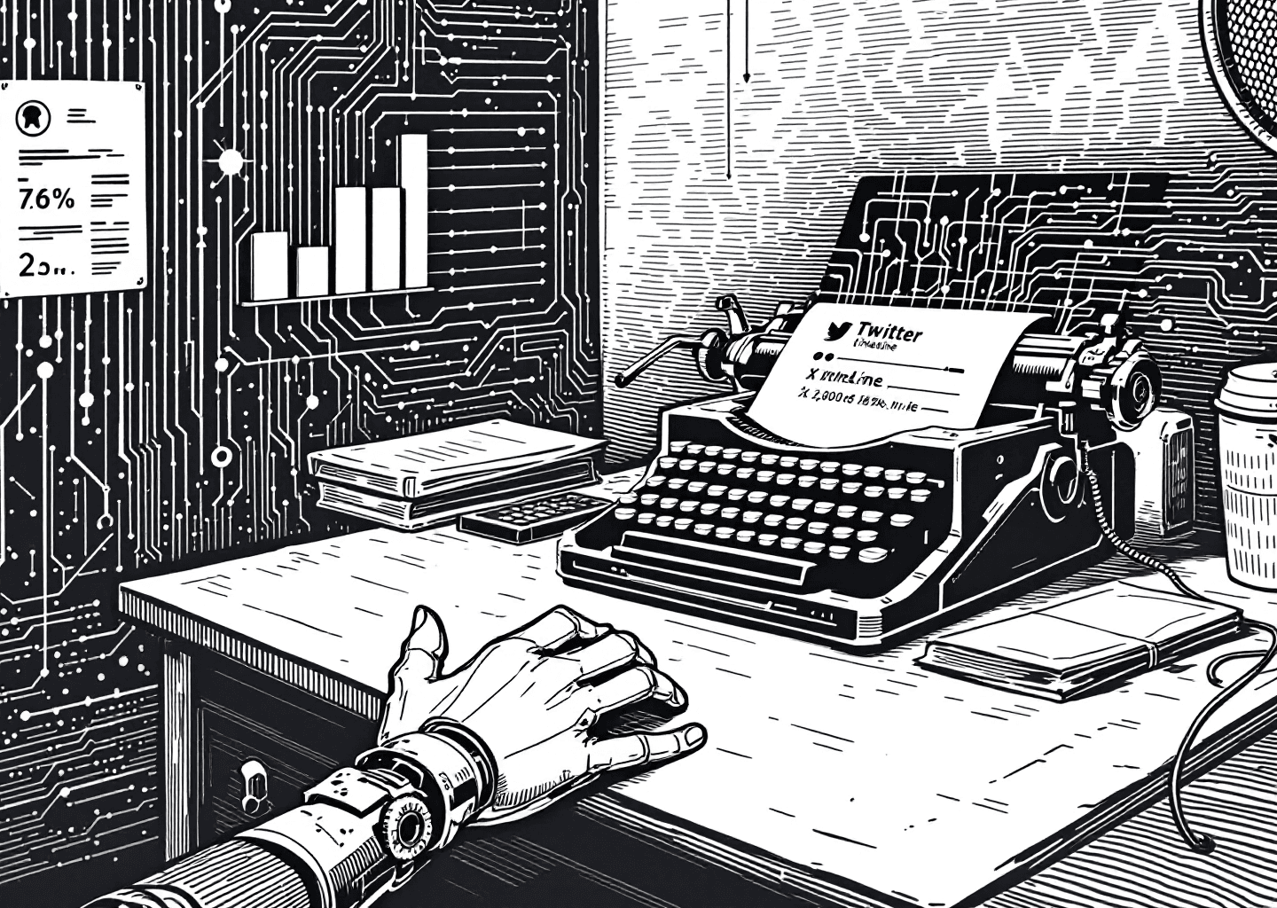 A Victorian engraving style illustration of a creator's desk. On the desk sits a vintage typewriter, but instead of paper, a glowing digital X/Twitter timeline streams out of it. In the background, subtle neural network patterns and upward-trending charts are etched into the wall. A single hand is seen typing, with small robotic gears visible at the wrist joint.
