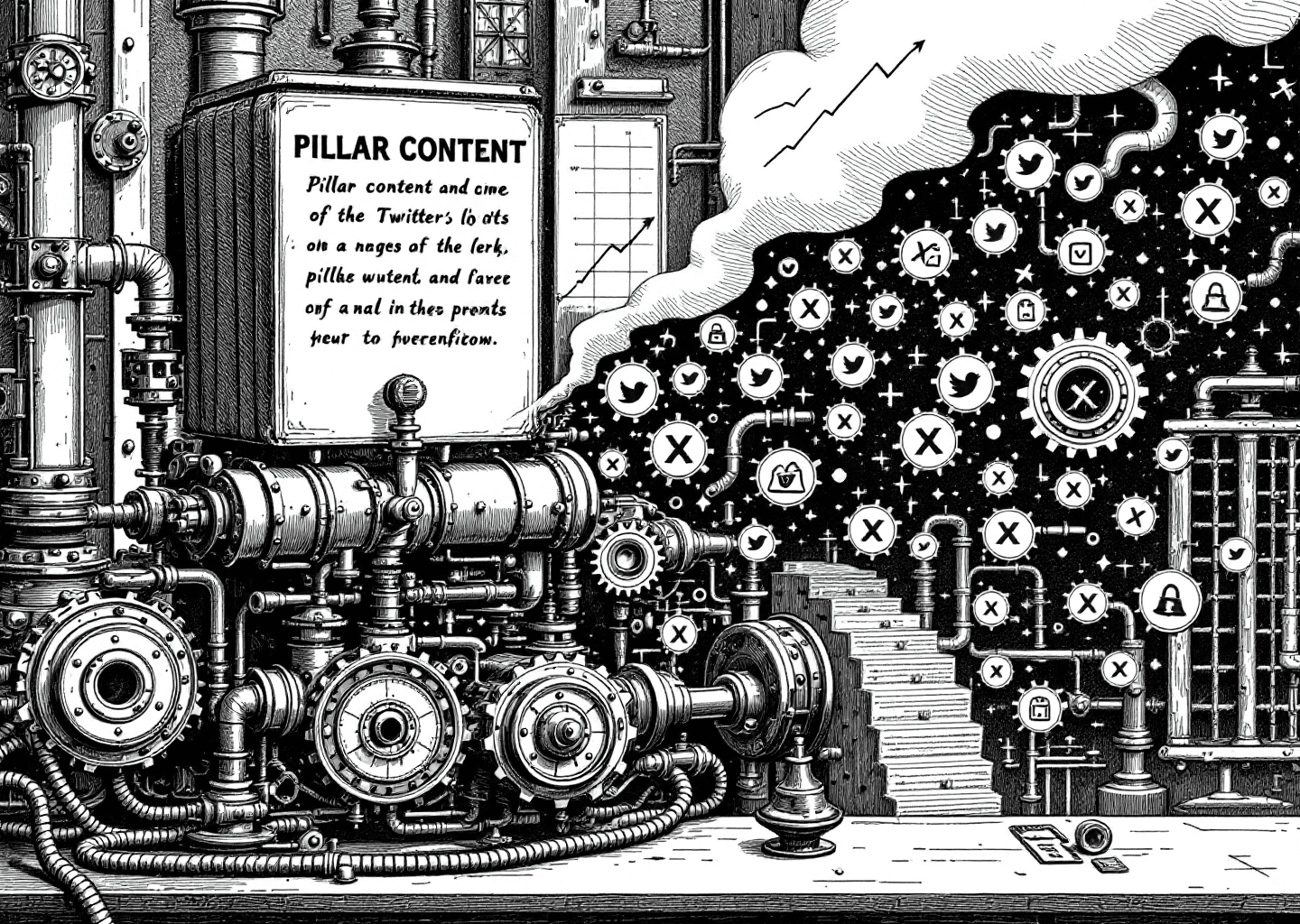 A Victorian engraving style illustration of a complex machine with gears and pipes, representing a workflow. One large book (pillar content) is fed into the machine, and out come numerous small X/Twitter logo icons and notification bells. An upward trending chart is visible in the background. The overall aesthetic is detailed, technical, and sophisticated.