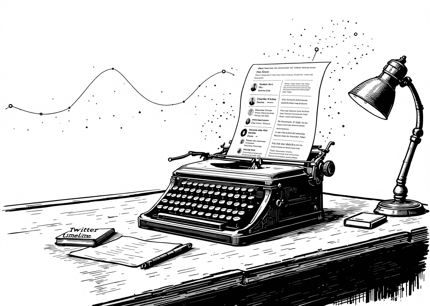 A Victorian engraving illustration of a consultant's desk. On the desk sits a classic typewriter, but the paper coming out of it forms a digital X/Twitter timeline feed. In the background, a subtle upward-trending chart is visible, with faint neural network patterns overlaid. The style is detailed, monochrome, with a sophisticated, intellectual feel.