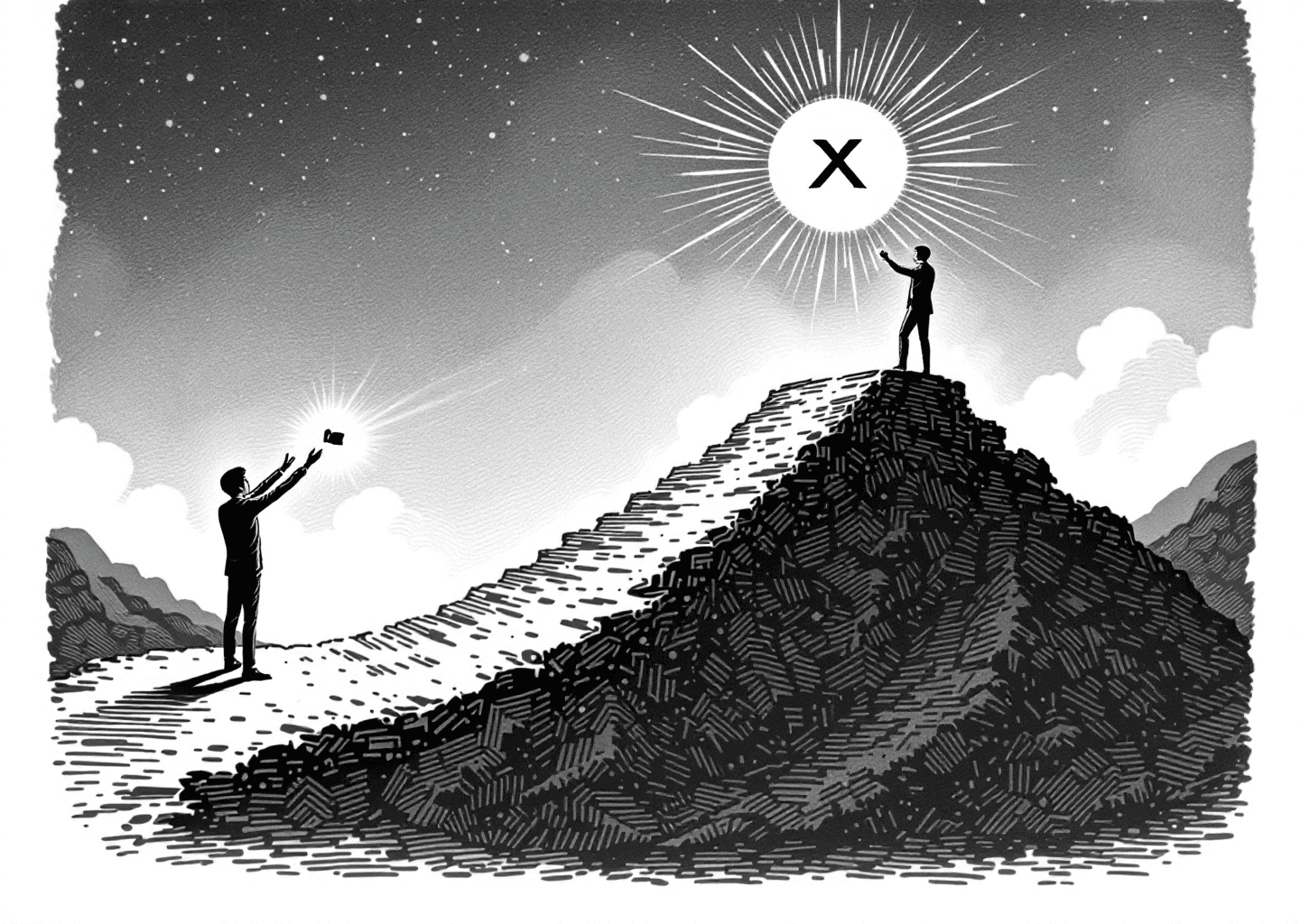 A Victorian engraving style illustration depicting a choice between two paths. On one path, a figure is lured by cheap, glowing notification icons (like/comment), leading to a dead end. On the other path, a figure climbs a steady incline towards a stylized 'X' logo shining at the peak, representing authentic growth. The background has subtle neural network patterns and upward-trending chart lines.