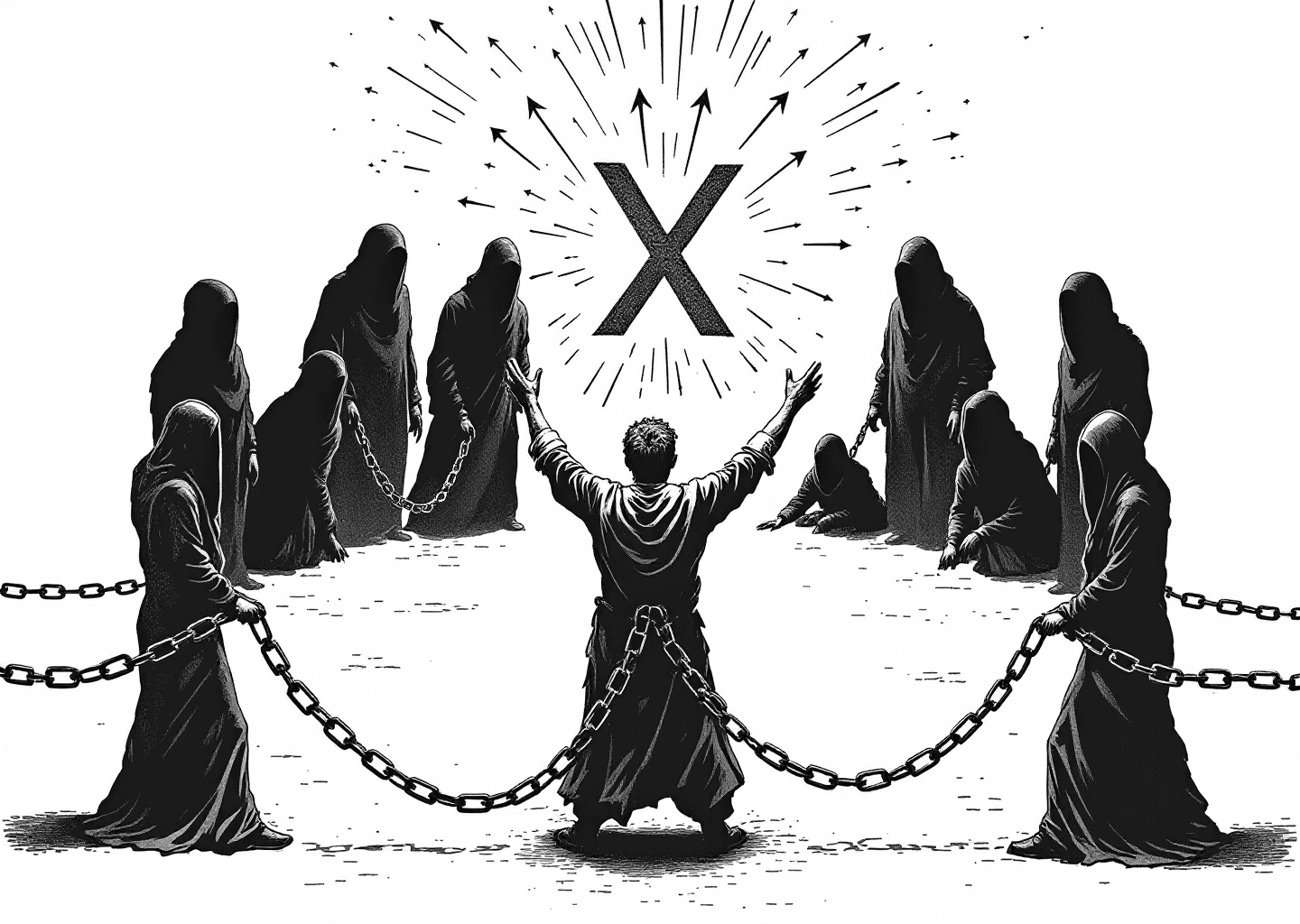 Victorian engraving style illustration. A central figure is breaking free from chains that connect them to a group of shadowy figures in a circle. Above them, an X logo shines brightly, with upward-pointing arrows and growth charts emanating from it. The style is detailed, with intricate line work and a sense of breaking old habits for new growth.