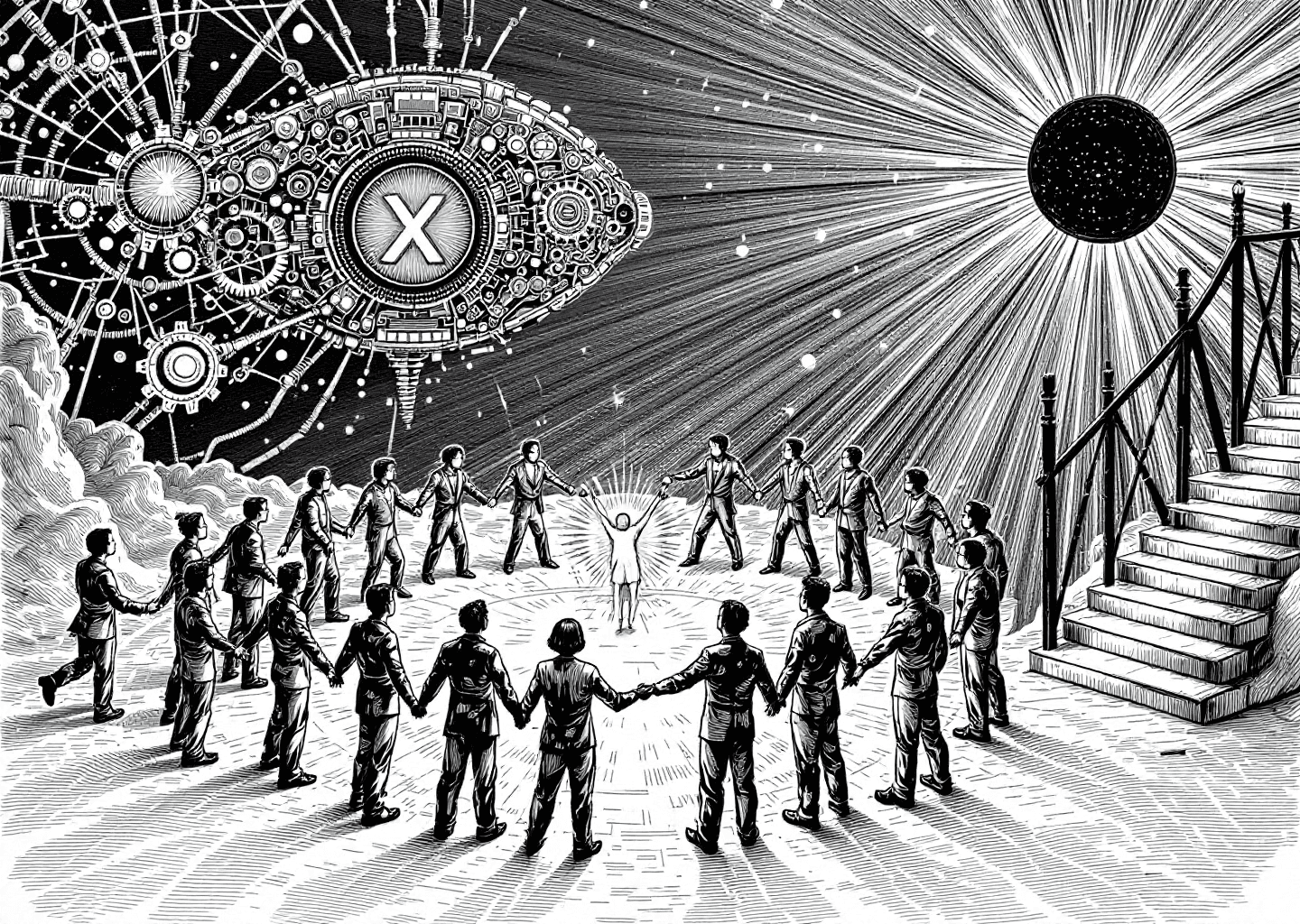 A Victorian engraving style illustration depicting a group of people in a circle, mechanically passing around a glowing X/Twitter logo like a hot potato. In the background, a large, ominous algorithmic machine with gears and glowing neural patterns observes them with a single robotic eye. One figure breaks from the circle and climbs a staircase made of books towards a shining sun, representing authentic growth.