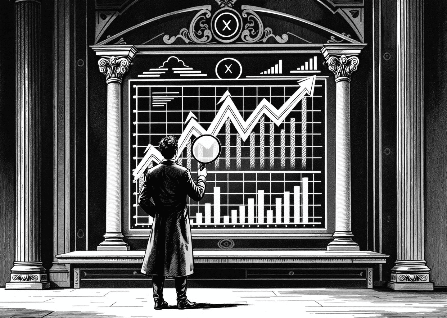 Victorian engraving style illustration. A figure stands before a large, ornate dashboard displaying charts and graphs with upward trends. In the background, subtle elements of the X logo are integrated into the architecture. The figure holds a magnifying glass over a specific data point, representing analysis. The overall mood is one of studious growth and data-driven strategy.