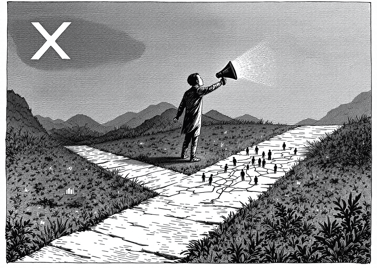 Victorian engraving style illustration. A small, determined figure is at a crossroads. One path leads to a loudspeaker shouting into a void (labeled 'Broadcast'). The other path shows the figure carefully tending to a small, intricate network of glowing lines connecting a few people (labeled 'Engage'). In the background, subtle elements like the X logo, upward trending chart lines, and faint neural patterns are etched into the scene. A sense of focused, intelligent effort.