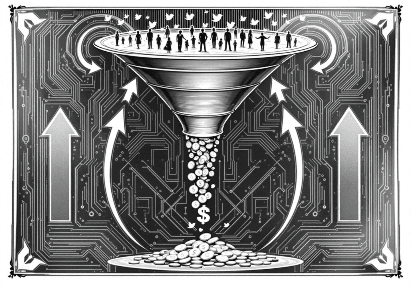 Victorian engraving style illustration of a large, ornate funnel. At the wide top, small, abstract X/Twitter bird logos are falling in. As the funnel narrows, they transform into human silhouettes representing a community. At the narrow bottom, coins and dollar signs are coming out. The entire image has a blueprint-like quality with subtle digital circuit patterns in the background. Upward-trending arrows are lightly etched on the sides of the funnel.