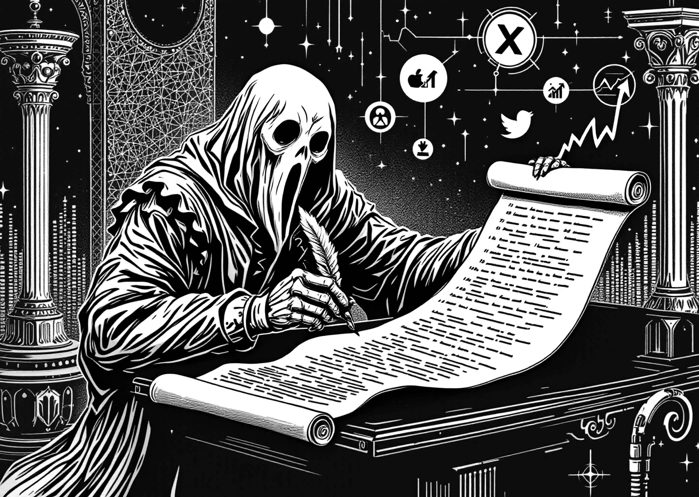 Victorian engraving style illustration of a ghostly automaton with a quill pen writing on a long scroll that resembles a Twitter feed. In the background, subtle elements like an X logo, upward trending charts, and neural network patterns are etched into the scene. Monochromatic, high-detail, authoritative feel.