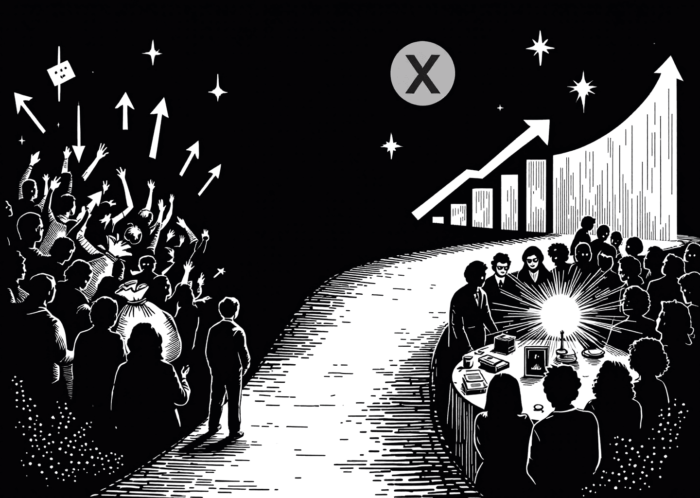 A Victorian engraving style illustration of a figure standing before a branching path. One path leads to a chaotic crowd of faceless figures grabbing at a generic prize (a bag of money), with downward arrows and broken notification icons. The other path leads to a smaller, engaged group of distinct individuals surrounding a specific, valuable prize (a glowing book or unique tool), with a clean upward growth chart and X logo in the background. The style is detailed, black and white, with intricate line work.
