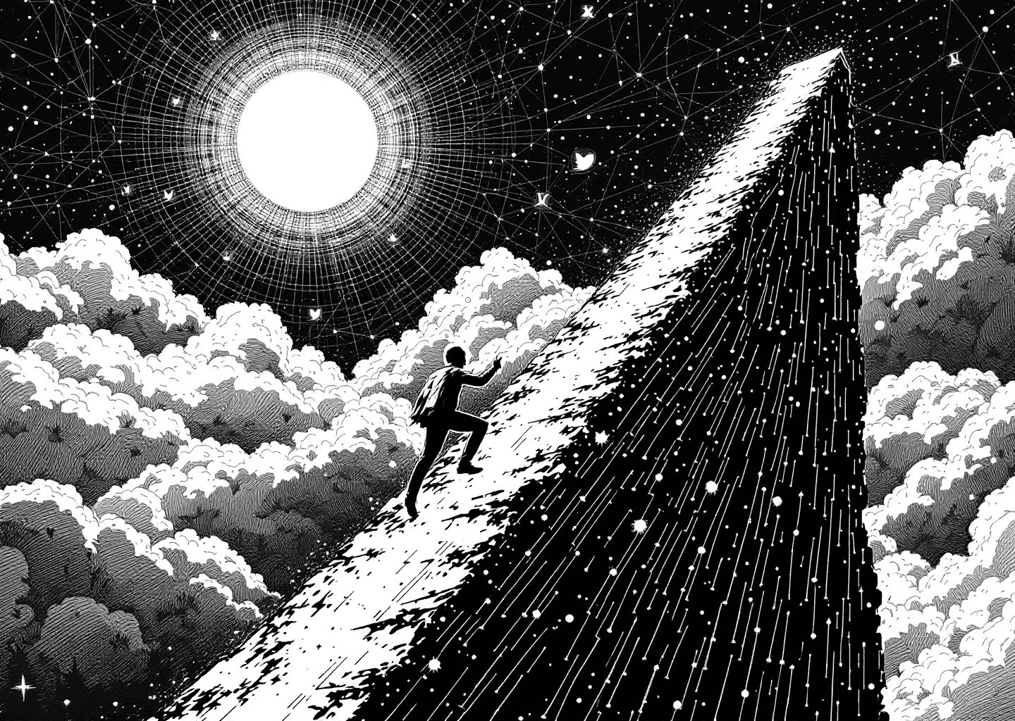 A Victorian engraving style illustration depicting a figure climbing a steep, upward-trending stock chart. The chart is composed of glowing digital lines. In the background, subtle X/Twitter logos and notification bell icons are etched into the scene. A faint neural network pattern overlays the sky, symbolizing AI-powered growth.